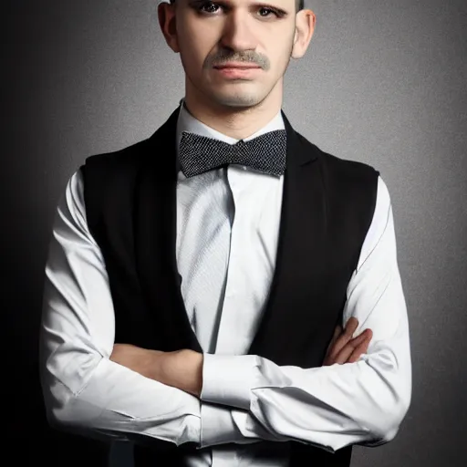 Image similar to a man in a suit and bow tie, a character portrait by radi nedelchev, behance, cubo - futurism, black background, studio portrait, studio photography