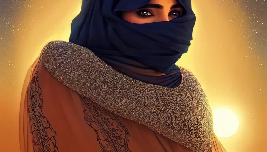 Image similar to Portrait of very very very very very very beautiful Arab woman wearing a Niqab, glowing magical eyes, energy trails, under giant full moon in the desert, intricate, elegant, highly detailed, digital painting, artstation, concept art, smooth, sharp focus, illustration, art by artgerm and greg rutkowski and alphonse mucha