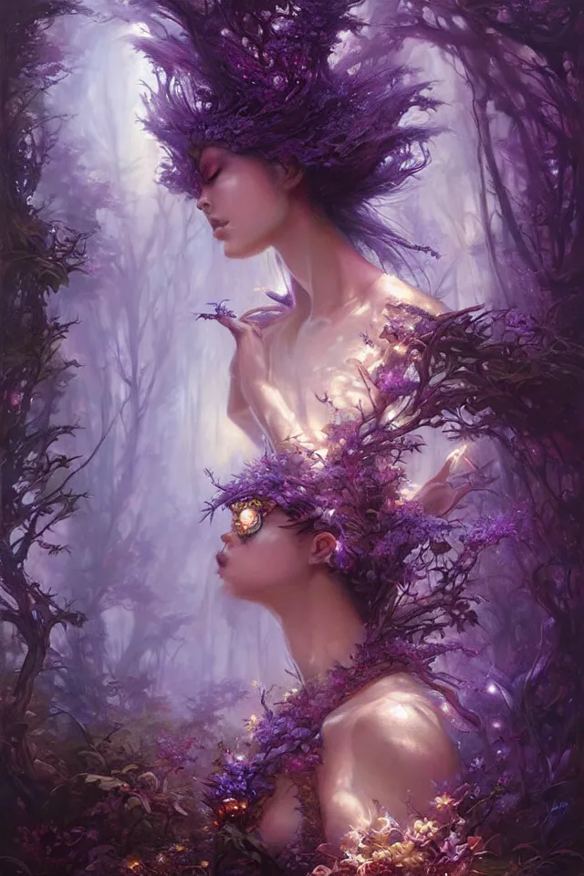 Prompt: ultra detailed photo realistic painting of the empress of the enchanted purple forest, volumetric lighting, by karol bak, greg rutkowski, peter mohrbacher and miho hirano.