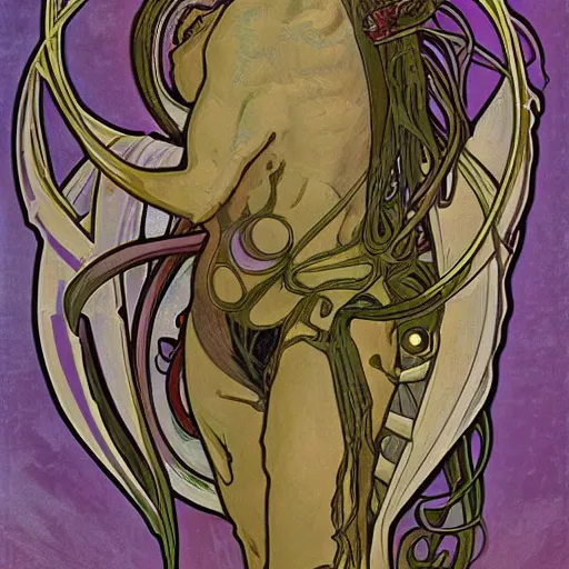 Prompt: xenomorph portrait in the style of alphonse mucha, inticrate,