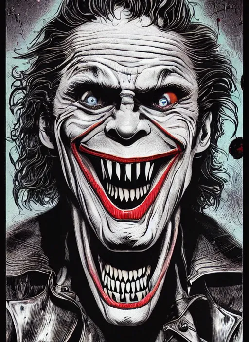 Prompt: willem dafoe as the joker, big smile, grotesque, horror, high details, intricate details, by vincent di fate, artgerm julie bell beeple, 1 9 8 0 s, inking, vintage 8 0 s print, screen print