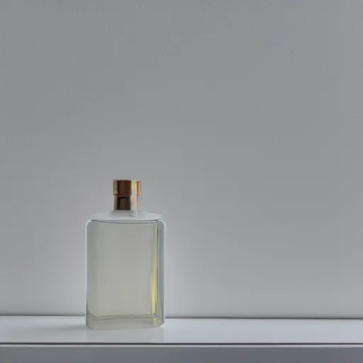 Prompt: perfume bottle on window sill in a pastel clean modern minimalist room in an ivory room well contoured smooth fair walls, up close shot, sharp focus, zen, clean, modern minimalist, octane highly render, 4 k, ultra hd,