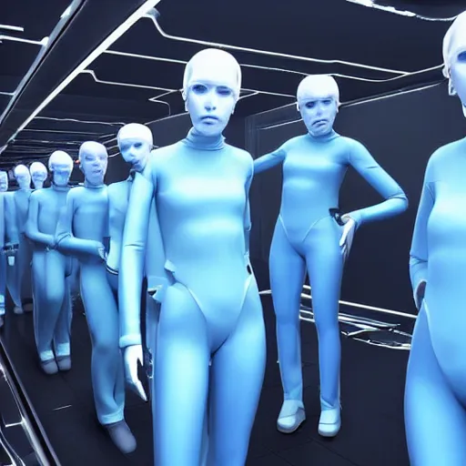 Image similar to troop of cloned women with white bob hairdos, tight light blue neopren suits, futuristic cloning facility, sci - fi, highly detailed, cinematic