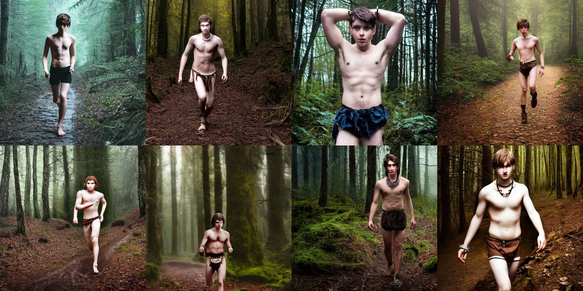 Prompt: natural brown hair, pale skin, loincloth, detailed face. running in ominous and eerie looking forest. natural color. realistic photo., around 1 9 years old with necklace, a teenage boy