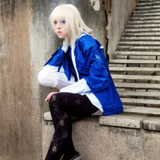 Prompt: Platinum-blonde-haired hime hime blue-eyed 19-year-old French empress wearing white leggings and a ragged dirty jacket, sitting under bridge, destitute