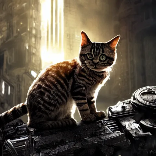 Image similar to lil bub the cat in Gears of War, splash art, movie still, cinematic lighting, dramatic, octane render, long lens, shallow depth of field, bokeh, anamorphic lens flare, 8k, hyper detailed, 35mm film grain