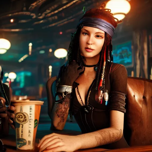 Image similar to a high quality portrait of a beautiful female pirate in a cyberpunk cafe realism 8k