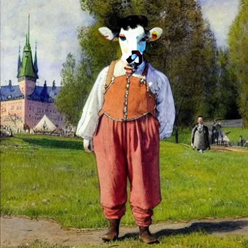 Image similar to painting by carl larsson, cow, dressed, anthropomorphic!!, wearing!!! clothes!!!, standing next to royal castle!!!