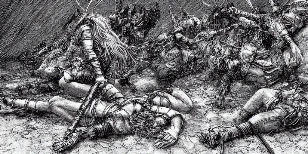 Prompt: woman trying to get up from the floor, straining, exhausted from battle, long shot, highly detailed, digital art, by kentaro miura