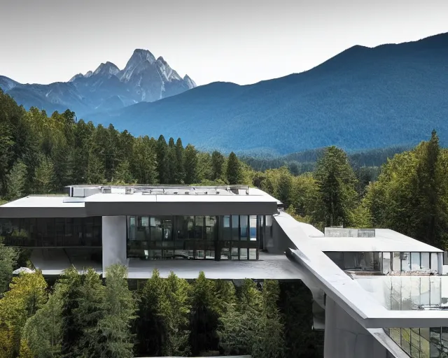 Image similar to A 8K photograph of a modern mansion by Zaza Hadid, set against a stunning backdrop of mountains and forests, unique architecture and design, the photograph is taken from a distance