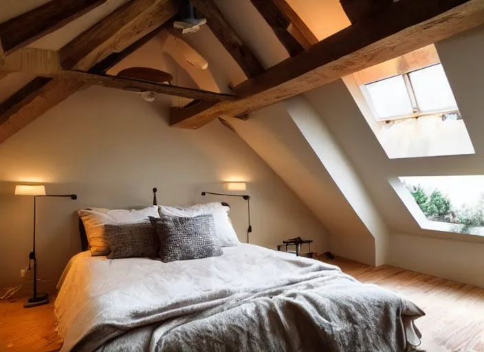 Prompt: cozy bedroom, nighttime, warm lighting, books, exposed beam ceiling, low lighting