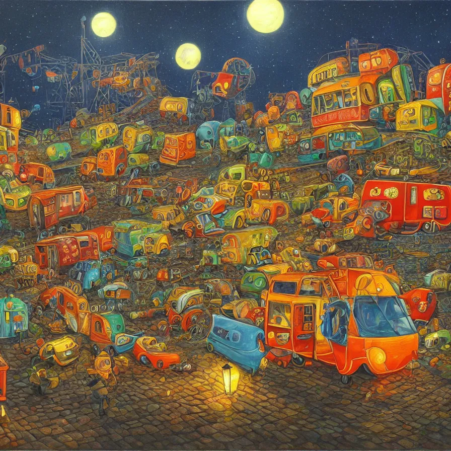 Image similar to a painting in the style of Jacek Yerka , a colourful caravan is traveling past a large factory at night