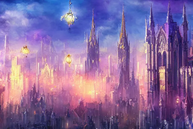 Prompt: arcane cityscape, floating gothic buildings shimmer with iridescent magical lights, digital art, fantasy