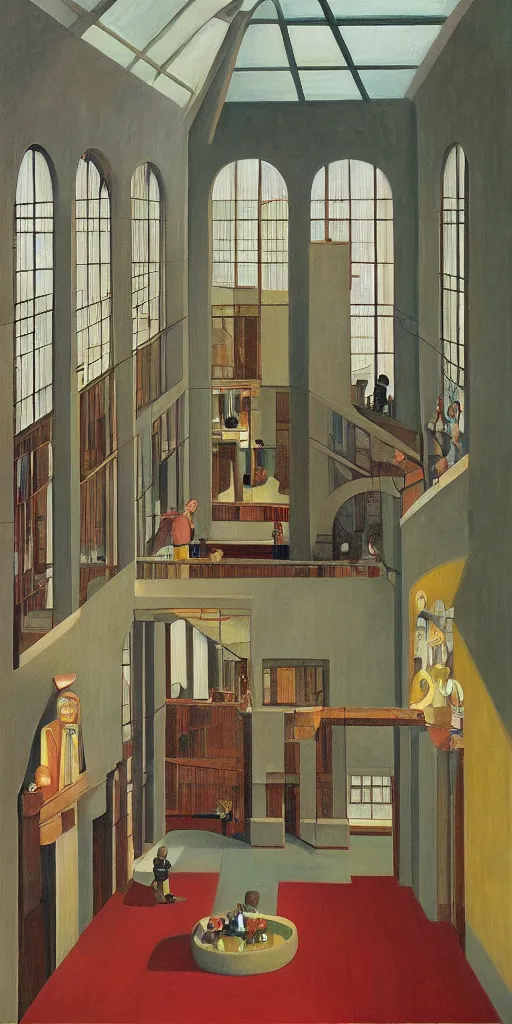 Prompt: grandiose atrium, grant wood, pj crook, edward hopper, oil on canvas