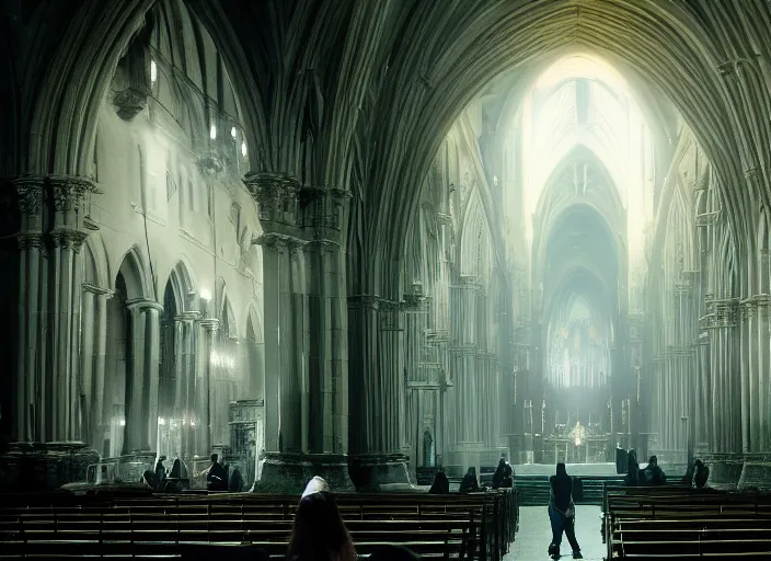 Image similar to cinematic shot inside an cathedral, ambient green light, medium fog, shadowy figures performing a ritual, eerie