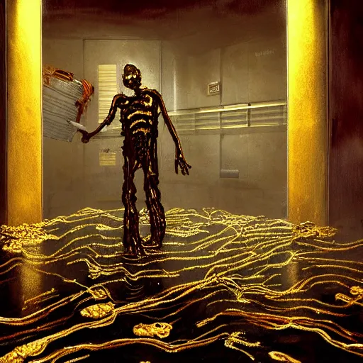 Image similar to realistic painting of a dark foggy sci-fi laboratory at night, with a zombie made of guts and veins, dripping golden shiny metalic fluid from ribcage to the floor. liquid shiny pool of gold on the floor.