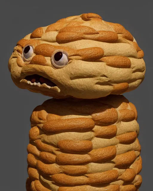 Prompt: detailed creature made of bread, very original, cute and friendly, fantasy house, sitting on the table, high quality, perfect, 8 k high detail, masterpiece, trending on artstation