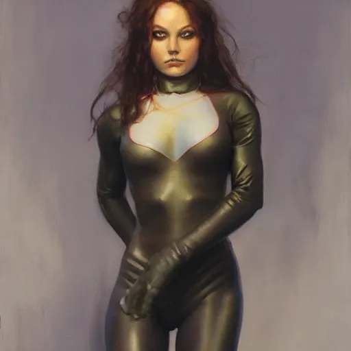 Image similar to a painting of a female wearing a skintight suit. by edward robert hughes and craig davison. trending on artstation, highly detailed, volumetric lightning