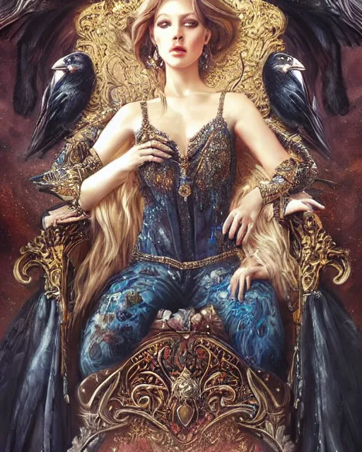 Image similar to a beautiful female queen sitting on a throne, 8 k, beautiful face, surrounded by ravens, hyperrealistic, hyperdetailed, fantasy portrait by laura sava