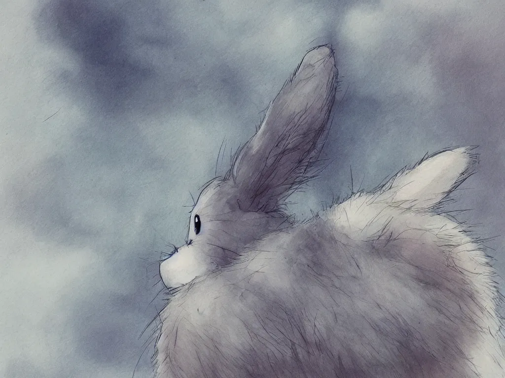 Image similar to a fluffy bunny, thought bubble above head, Aesthetically pleasing, by Hayao Miyazaki and Studio Ghibli, fine art, official media, high definition, illustration, ambient lighting, HDR, HD, UHD, 4K, 8K, cinematic, high quality scan, award winning, trending, featured, masterful, dynamic, energetic, lively, elegant, intricate, complex, highly detailed, Richly textured, Rich vivid Color, masterpiece.