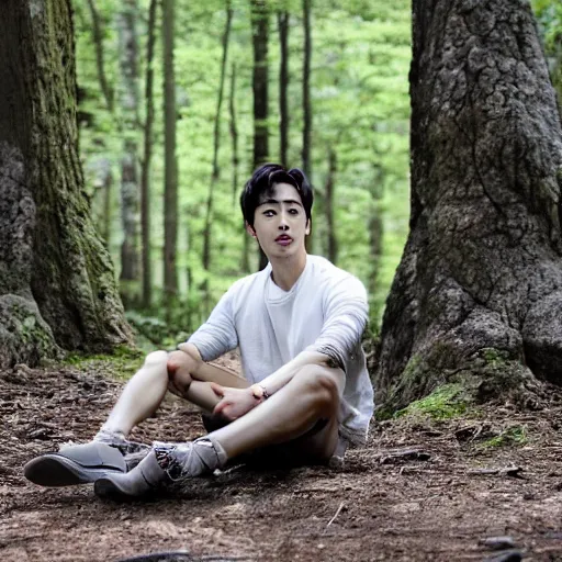 Image similar to male korean actor with tribal facial scarring sitting in a forest, hyper realistic, black and white portrait, 8 k resolution,