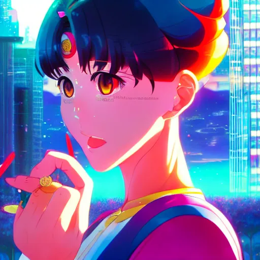 Image similar to portrait of sailor moon, city background, rich vivid colors, ambient lighting, dynamic lighting, 4k, HQ, official media, anime key visual, makoto shinkai, ilya kuvshinov, lois van baarle, rossdraws, detailed, trending on artstation