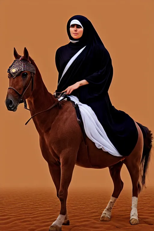 Prompt: hyperrealistic portrait from middle eastern burqa woman riding horse, with riffle in her chest, super highly detail, accurate boroque, without duplication content, white border frame, medium close up shot, justify content center, symmetrical, incrinate, cinematic, dust, award winning photos, vogue, shadow effect, luminate, sharp focus,