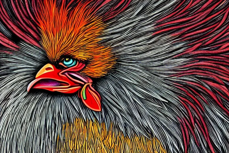 Image similar to illustration of an angry rooster, by willian santiago, intricate, detailed, sharp focus, lively colors