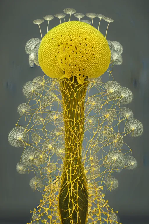 Image similar to intricate hyper detailed ultra sharp 3 d render of a lorde, unity of mood, large pore fungi embroidered, bright light, art nouveau, haute couture alexander mcqueen leaves stems dahlia transparent fractal dandelion yellow pistil filigree roots, octane render, volumetric cinematic lighting, 8 k post - production