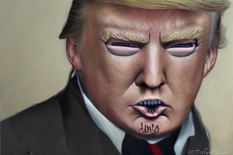 Image similar to Donald trump as the doll from Saw, oil on canvas, artstation, portrait, masterpiece, aesthetic