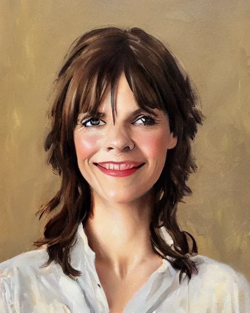 Prompt: a portrait painting of sabrina lloyd / perdita weeks / nicole de boer hybrid oil painting, gentle expression, smiling, elegant clothing, scenic background, behance hd, by frank frazetta