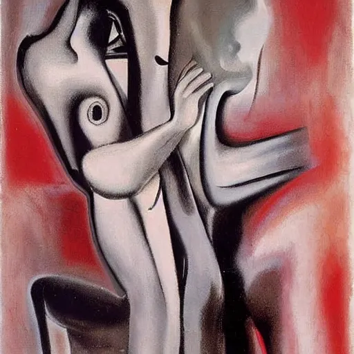 Image similar to Oil painting by Roberto Matta. Two mechanical gods kissing. Oil painting by Marlene Dumas. Dali.