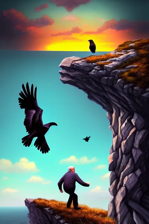 Prompt: elderly man falling off a cliff, tragic moment, 8 k, art by artgerm, award winning photo, sunset in background, ravens in the sky, highly - detailed