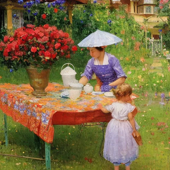 Image similar to a housewife and her daughter putting dishes on a table in the backyard, a tilted parasol sits above the table, a garden with colorful flowers in the background, rainy scene, 1 9 5 0's, medium symmetry, by ilya repin, extreme detail, 8 k, intricate abstract, photorealistic