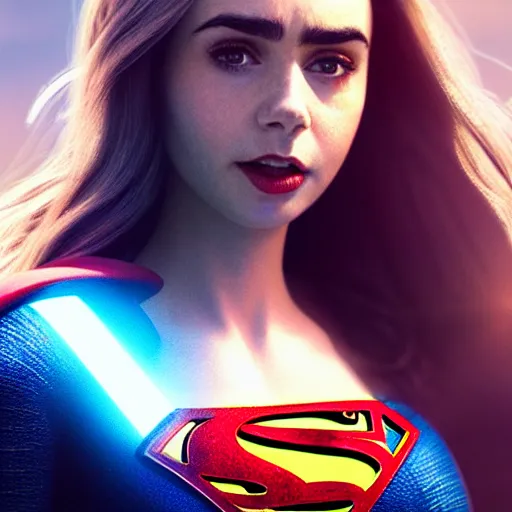 Image similar to a potrait of Lily Collins as Supergirl with man of steel suit style by Greg Rutkowski, Sung Choi, Mitchell Mohrhauser, Maciej Kuciara, Johnson Ting, Maxim Verehin, Peter Konig, 8k photorealistic, cinematic lighting, HD, high details, dramatic, trending on artstation, full body shot