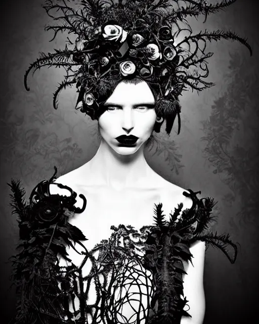 Image similar to surreal dark poetic black and white photo portrait of complex bio-mechanical beautiful young silver female vegetal-cyborg with a fur metal fine lace face, a very long neck and a fine metal floral foliage super big gothic lace collar and high big floral crown with many black dry roses by Vivienne Westwood:: smoke, high fashion, haute couture, rococo, avant-garde, dry black roses, silver filigree details, anatomical, facial muscles, cable wires, microchip, elegant, dreamy, foggy atmosphere, hyper realistic, 150 mm lens, soft rim light, octane render, unreal engine, picture was taken in 1910 by Man Ray, volumetric lighting, dramatic light,8k,