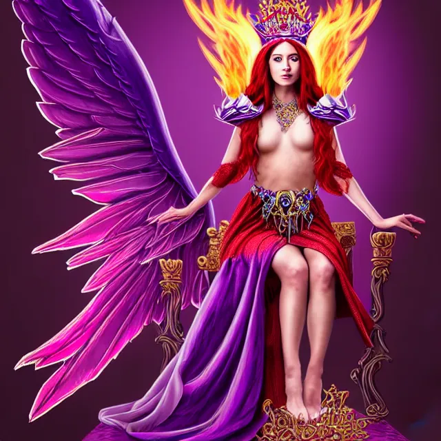 Image similar to Princess sorceress with red flaming bird wings on her back and sitting on an ornate throne dressed in a fancy purple dress, beautiful realistic symmetrical defined face, anatomically correct, Fantasy, Full Portrait, High detail, realistic, planeswalker