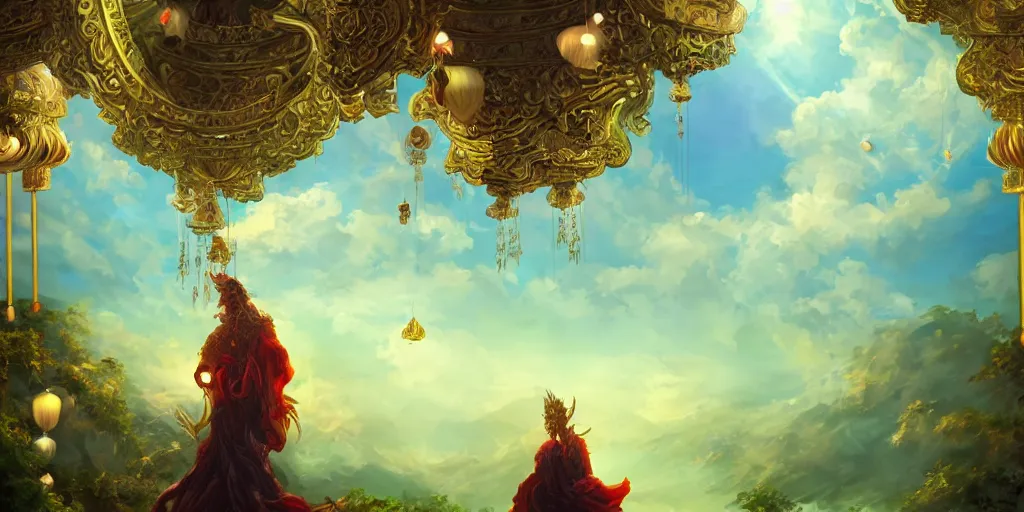 Image similar to painting of a wind god enjoying the view from his ornate heavenly palace, decorated with windchimes and paper lanterns, stunning green nature in background, digital art trending on artstation