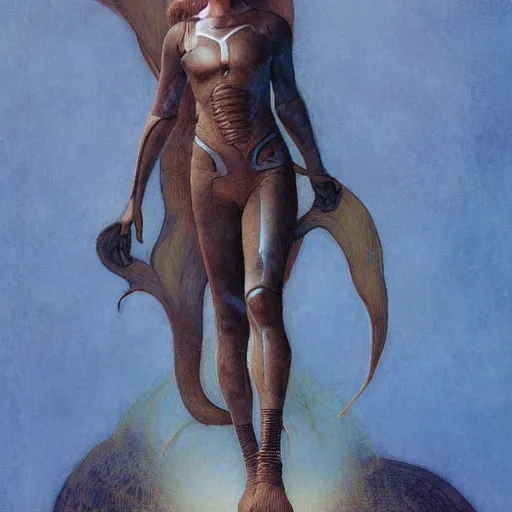 Prompt: masterpiece full body portrait of Ripley with a perfect body on Dune, by Edgar Maxence and Ross Tran and Michael Whelan and Gustav Klimpt