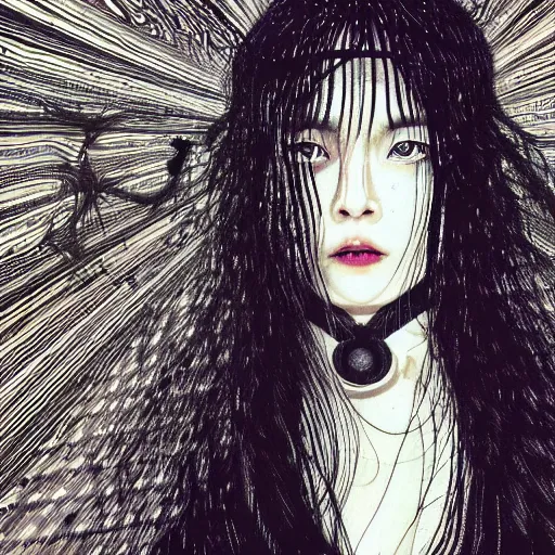 Prompt: yoshitaka amano realistic photo of a young woman with black eyes and long wavy white hair wearing dress suit with tie and surrounded by abstract junji ito style patterns in the background, blurry and dreamy illustration, david lynch, twin peaks, noisy film grain effect, highly detailed, weird portrait angle