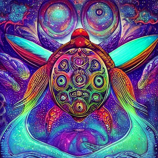 Image similar to “psychedelic visionary art of a beautiful flying turtle in space by Android Jones”