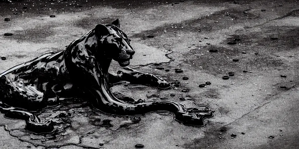 Image similar to the lioness made of tar, reforming from a puddle of tar, viscous, sticky, full of black goo, covered with black goo, splattered black goo, dripping black goo, dripping goo, splattered goo, sticky black goo. photography, dslr, reflections, black goo, zoo, exhibit