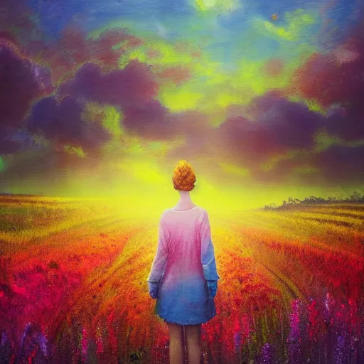 Prompt: girl with a blooming flower face, surreal photography, bizzare, dreamlike, otherworldly, standing in flower field, in a valley, sunrise dramatic light, impressionistic painting, colorful clouds, artstation, simon stalenhag