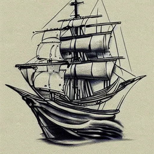 Image similar to realism tattoo design sketch of a pirate ship