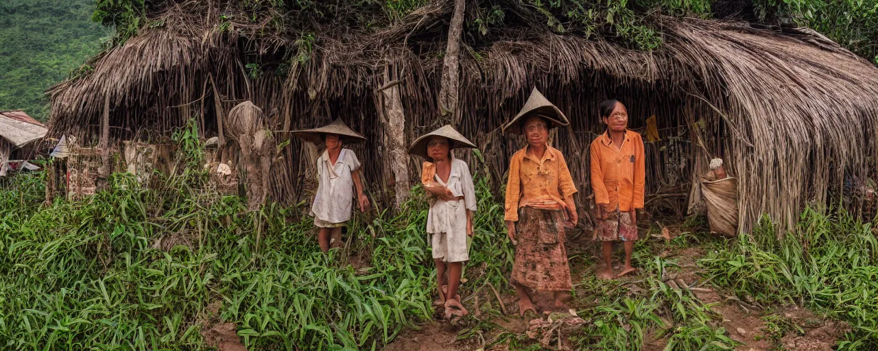 Prompt: rural vietnamese village building hut out of spaghetti, ultra - realistic faces, fine detail, canon 5 0 mm, in the style of ansel adams, wes anderson, kodachrome