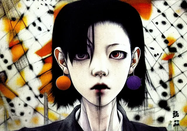 Image similar to yoshitaka amano blurred and dreamy realistic three quarter angle horror portrait of a sinister young woman with short hair, big earrings and white eyes wearing office suit with tie, black and white junji ito abstract patterns in the background, satoshi kon anime, noisy film grain effect, highly detailed, renaissance oil painting, weird portrait angle, blurred lost edges