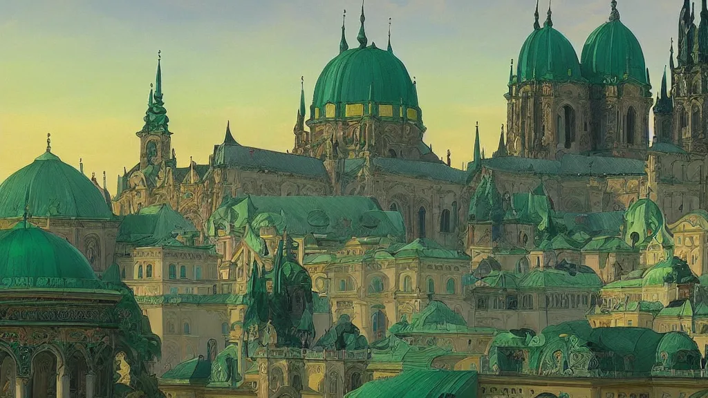 Image similar to a beautiful painting of arabian prague palace made of green, polished semiprecious malachite marble and jade at sunrise, intricate, elegant, highly detailed, digital painting, artstation, concept art, by krenz cushart and artem demura and alphonse mucha