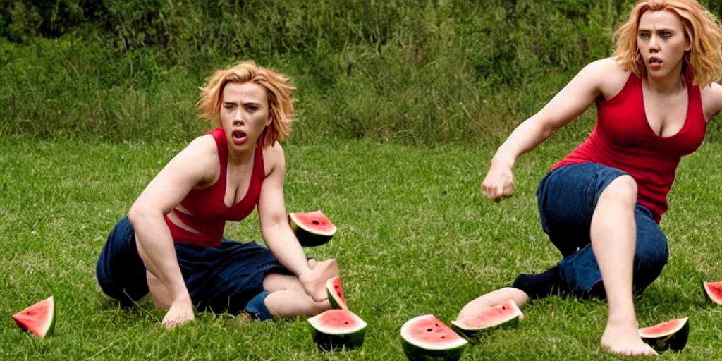 Image similar to scarlett johansson roundhouse kicking and smashing a watermelon, film still, highly detailed, film grain, behind the scenes, photorealism