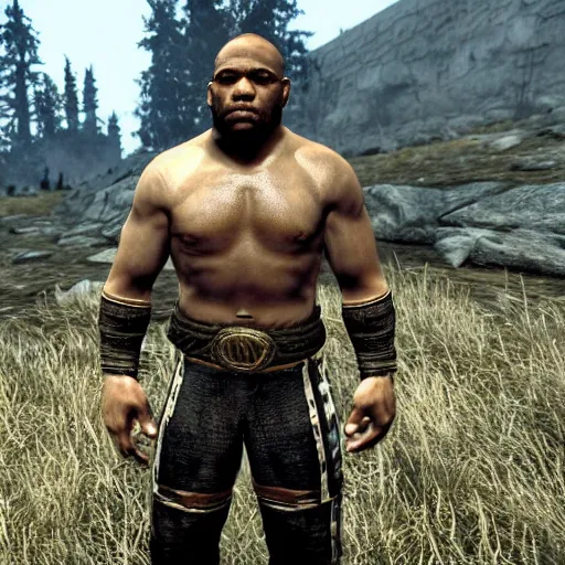 Image similar to character screenshot of ufc commentator daniel cormier dc in skyrim, warrior armor, npc talking, wilderness, 1 0 8 0 p, bokeh, elder scrolls v, detailed, dialog text