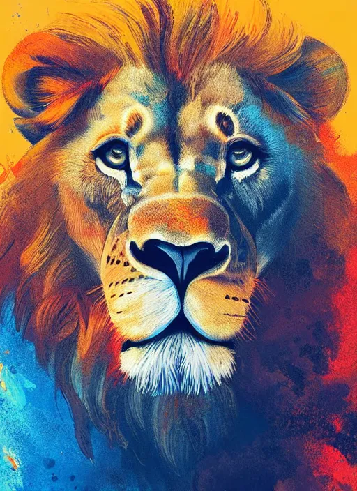 Image similar to a painting of a lion's face with orange and yellow smoke coming out of, a digital painting by petros afshar, behance contest winner, digital art, behance hd, digital illustration, digital painting